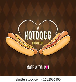 vector cartoon hot dogs label isolated on on tweed plaid check pattern texture background. Vintage hot dog poster or icon design element collection. Fast food, cafe or hotdog carts logo design concept