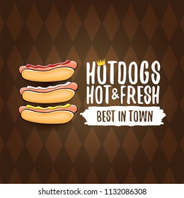 vector cartoon hot dogs label isolated on on tweed plaid check pattern texture background. Vintage hot dog poster or icon design element collection. Fast food, cafe or hotdog carts logo design concept