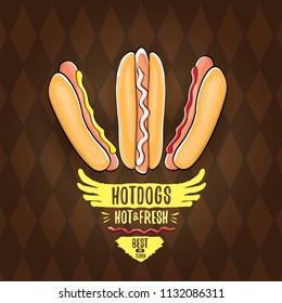 vector cartoon hot dogs label isolated on on tweed plaid check pattern texture background. Vintage hot dog poster or icon design element collection. Fast food, cafe or hotdog carts logo design concept