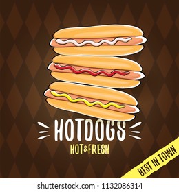 vector cartoon hot dogs label isolated on on tweed plaid check pattern texture background. Vintage hot dog poster or icon design element collection. Fast food, cafe or hotdog carts logo design concept