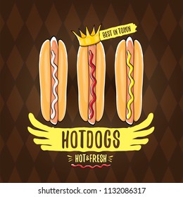 vector cartoon hot dogs label isolated on on tweed plaid check pattern texture background. Vintage hot dog poster or icon design element collection. Fast food, cafe or hotdog carts logo design concept