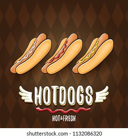 vector cartoon hot dogs label isolated on on tweed plaid check pattern texture background. Vintage hot dog poster or icon design element collection. Fast food, cafe or hotdog carts logo design concept