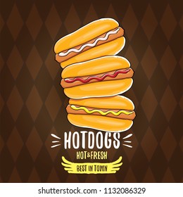 vector cartoon hot dogs label isolated on on tweed plaid check pattern texture background. Vintage hot dog poster or icon design element collection. Fast food, cafe or hotdog carts logo design concept