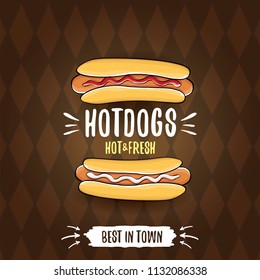 vector cartoon hot dogs label isolated on on tweed plaid check pattern texture background. Vintage hot dog poster or icon design element collection. Fast food, cafe or hotdog carts logo design concept
