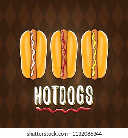 vector cartoon hot dogs label isolated on on tweed plaid check pattern texture background. Vintage hot dog poster or icon design element collection. Fast food, cafe or hotdog carts logo design concept