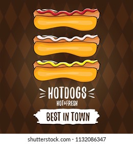 vector cartoon hot dogs label isolated on on tweed plaid check pattern texture background. Vintage hot dog poster or icon design element collection. Fast food, cafe or hotdog carts logo design concept