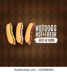 vector cartoon hot dogs label isolated on on tweed plaid check pattern texture background. Vintage hot dog poster or icon design element collection. Fast food, cafe or hotdog carts logo design concept