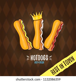 vector cartoon hot dogs label isolated on on tweed plaid check pattern texture background. Vintage hot dog poster or icon design element collection. Fast food, cafe or hotdog carts logo design concept