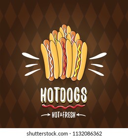 vector cartoon hot dogs label isolated on on tweed plaid check pattern texture background. Vintage hot dog poster or icon design element collection. Fast food, cafe or hotdog carts logo design concept