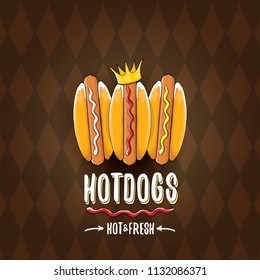 vector cartoon hot dogs label isolated on on tweed plaid check pattern texture background. Vintage hot dog poster or icon design element collection. Fast food, cafe or hotdog carts logo design concept