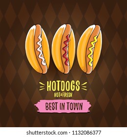 vector cartoon hot dogs label isolated on on tweed plaid check pattern texture background. Vintage hot dog poster or icon design element collection. Fast food, cafe or hotdog carts logo design concept