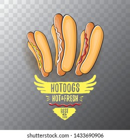 vector cartoon hot dogs label isolated on on transparent background. Vintage hot dog poster or icon design element collection. Fast food, cafe or hotdog carts logo design concept