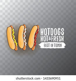 vector cartoon hot dogs label isolated on on transparent background. Vintage hot dog poster or icon design element collection. Fast food, cafe or hotdog carts logo design concept