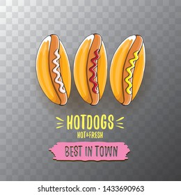 vector cartoon hot dogs label isolated on on transparent background. Vintage hot dog poster or icon design element collection. Fast food, cafe or hotdog carts logo design concept