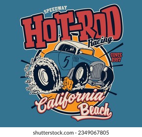 vector cartoon hot rod car illustration for t shirt print 