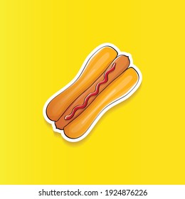 vector cartoon hotdog icon with sausage isolated on yellow background. Vintage hot dog label design element. Fast food, cafe or hotdog carts logo design template