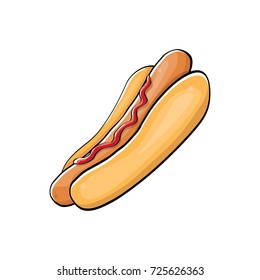 vector cartoon hotdog icon with sausage isolated on white background. Vintage hot dog label design element. Fast food, cafe or hotdog carts logo design template