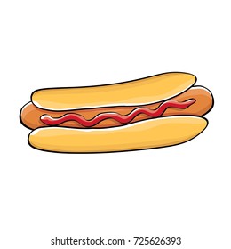 vector cartoon hotdog icon with sausage isolated on white background. Vintage hot dog label design element. Fast food, cafe or hotdog carts logo design template