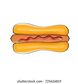 vector cartoon hotdog icon with sausage isolated on white background. Vintage hot dog label design element. Fast food, cafe or hotdog carts logo design template