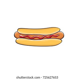 vector cartoon hotdog icon with sausage isolated on white background. Vintage hot dog label design element. Fast food, cafe or hotdog carts logo design template