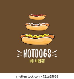vector cartoon hotdogs icon set isolated on brown background. Vintage hot dog poster or label design element collection. Fast food, cafe or hotdog carts logo design concept
