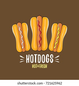 vector cartoon hotdogs icon set isolated on brown background. Vintage hot dog poster or label design element collection. Fast food, cafe or hotdog carts logo design concept