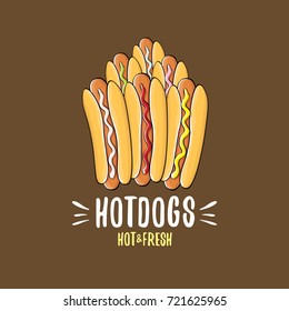 vector cartoon hotdogs icon set isolated on brown background. Vintage hot dog poster or label design element collection. Fast food, cafe or hotdog carts logo design concept