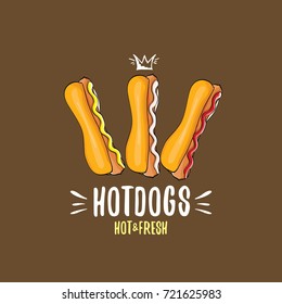 vector cartoon hotdogs icon set isolated on brown background. Vintage hot dog poster or label design element collection. Fast food, cafe or hotdog carts logo design concept