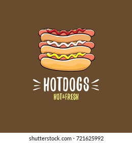 vector cartoon hotdogs icon set isolated on brown background. Vintage hot dog poster or label design element collection. Fast food, cafe or hotdog carts logo design concept