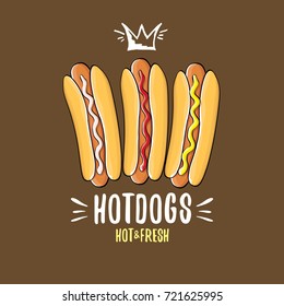 vector cartoon hotdogs icon set isolated on brown background. Vintage hot dog poster or label design element collection. Fast food, cafe or hotdog carts logo design concept