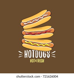 vector cartoon hotdogs icon set isolated on brown background. Vintage hot dog poster or label design element collection. Fast food, cafe or hotdog carts logo design concept