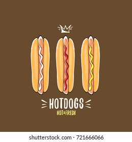vector cartoon hotdogs icon set isolated on brown background. Vintage hot dog poster or label design element collection. Fast food, cafe or hotdog carts logo design concept