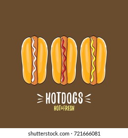 vector cartoon hotdogs icon set isolated on brown background. Vintage hot dog poster or label design element collection. Fast food, cafe or hotdog carts logo design concept