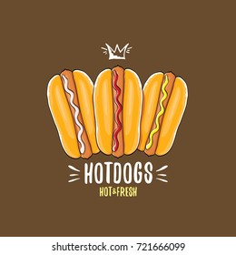 vector cartoon hotdogs icon set isolated on brown background. Vintage hot dog poster or label design element collection. Fast food, cafe or hotdog carts logo design concept