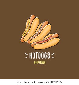 vector cartoon hotdogs icon set isolated on brown background. Vintage hot dog poster or label design element collection. Fast food, cafe or hotdog carts logo design concept