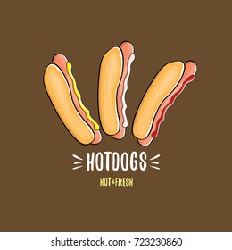 vector cartoon hotdogs icon set isolated on brown background. Vintage hot dog poster or label design element collection. Fast food, cafe or hotdog carts logo design concept