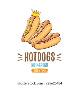 vector cartoon hotdogs icon set isolated on white background. Vintage hot dog poster or label design element collection. Fast food, cafe or hotdog carts logo design concept