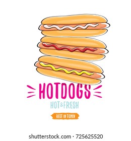 vector cartoon hotdogs icon set isolated on white background. Vintage hot dog poster or label design element collection. Fast food, cafe or hotdog carts logo design concept