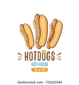 vector cartoon hotdogs icon set isolated on white background. Vintage hot dog poster or label design element collection. Fast food, cafe or hotdog carts logo design concept