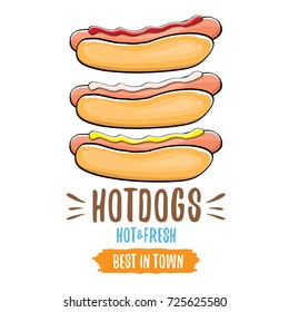 vector cartoon hotdogs icon set isolated on white background. Vintage hot dog poster or label design element collection. Fast food, cafe or hotdog carts logo design concept