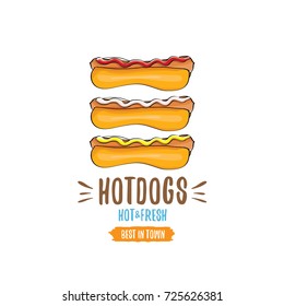 vector cartoon hotdogs icon set isolated on white background. Vintage hot dog poster or label design element collection. Fast food, cafe or hotdog carts logo design concept