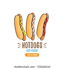 vector cartoon hotdogs icon set isolated on white background. Vintage hot dog poster or label design element collection. Fast food, cafe or hotdog carts logo design concept