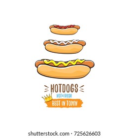 vector cartoon hotdogs icon set isolated on white background. Vintage hot dog poster or label design element collection. Fast food, cafe or hotdog carts logo design concept