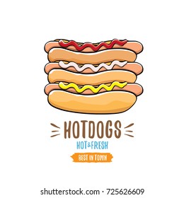 vector cartoon hotdogs icon set isolated on white background. Vintage hot dog poster or label design element collection. Fast food, cafe or hotdog carts logo design concept