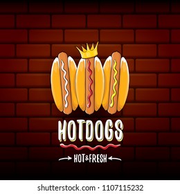 vector cartoon hotdogs label isolated on wooden table background. Vintage hot dog poster or icon design element collection. Fast food, cafe or hot dog carts logo design concept