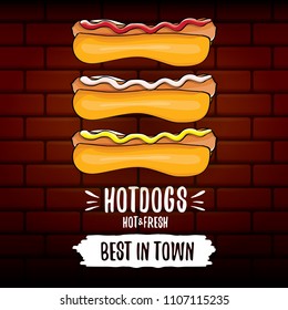 vector cartoon hotdogs label isolated on wooden table background. Vintage hot dog poster or icon design element collection. Fast food, cafe or hot dog carts logo design concept