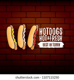 vector cartoon hotdogs label isolated on wooden table background. Vintage hot dog poster or icon design element collection. Fast food, cafe or hot dog carts logo design concept
