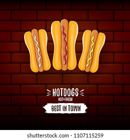 vector cartoon hotdogs label isolated on wooden table background. Vintage hot dog poster or icon design element collection. Fast food, cafe or hot dog carts logo design concept