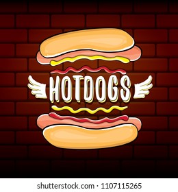 vector cartoon hotdogs label isolated on wooden table background. Vintage hot dog poster or icon design element collection. Fast food, cafe or hot dog carts logo design concept