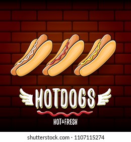 vector cartoon hotdogs label isolated on wooden table background. Vintage hot dog poster or icon design element collection. Fast food, cafe or hot dog carts logo design concept